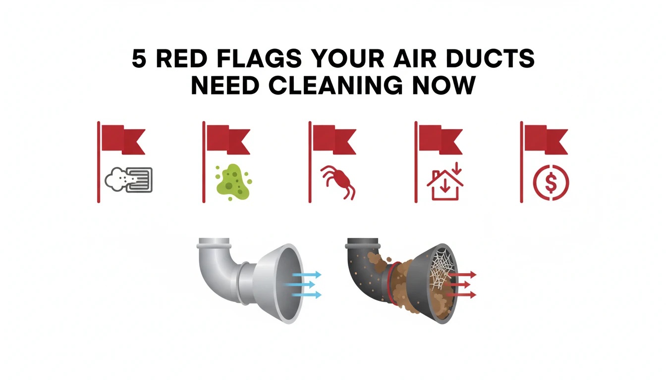 Infographic showing 5 red flags for air vent cleaning services including dust, mold, pests, poor airflow, and high energy bills.