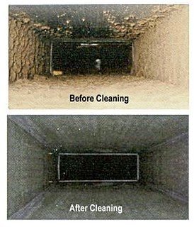 Before and after comparison of a residential HVAC system showing successful air duct mold removal and dust remediation within a wooden joist duct.