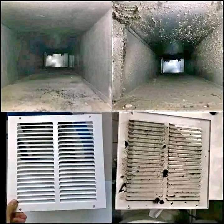Before and after comparison of a residential HVAC system showing successful air duct mold removal and dust remediation within a wooden joist duct.