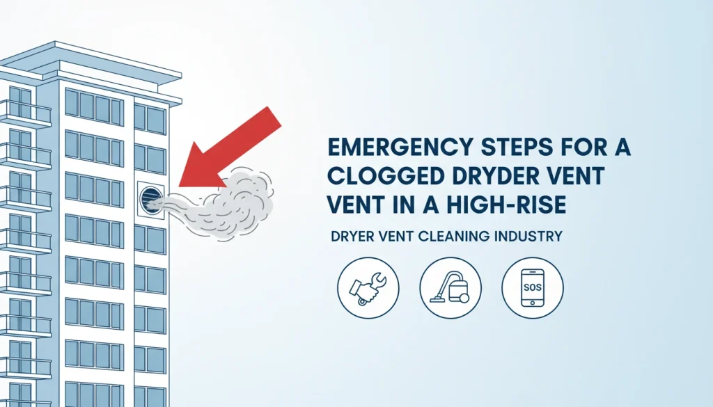 Illustration showing a clogged dryer vent on a high-rise building with a red arrow pointing to smoke, emphasizing the need for dryer vent cleaning.