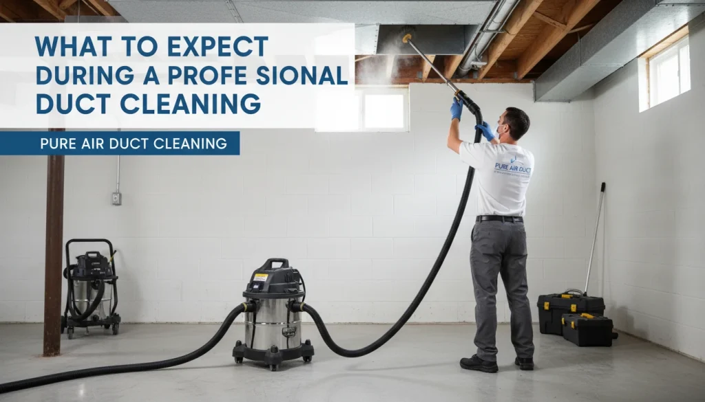 A technician from Pure Air Duct Cleaning uses a specialized vacuum and brush system to clean dust and debris from residential air ducts.