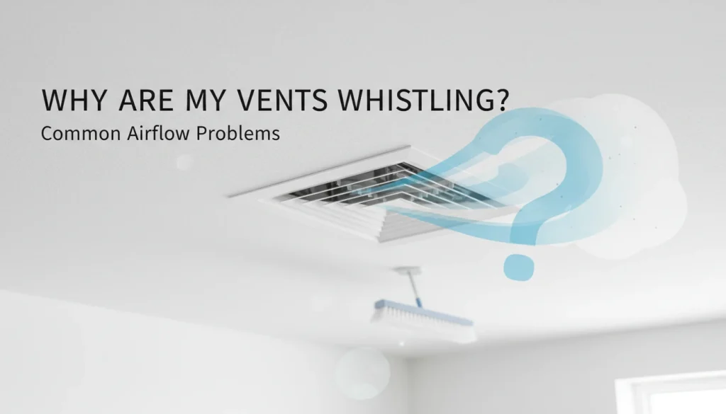 A ceiling air vent with a blue question mark graphic and the text "Why are my vents whistling?", highlighting the need for vent cleaning services.