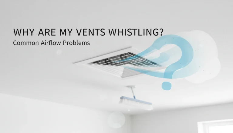A ceiling air vent with a blue question mark graphic and the text "Why are my vents whistling?", highlighting the need for vent cleaning services.
