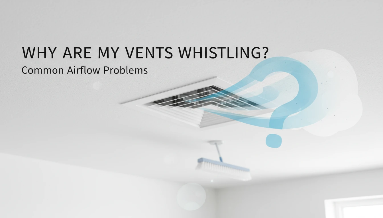 A ceiling air vent with a blue question mark graphic and the text "Why are my vents whistling?", highlighting the need for vent cleaning services.
