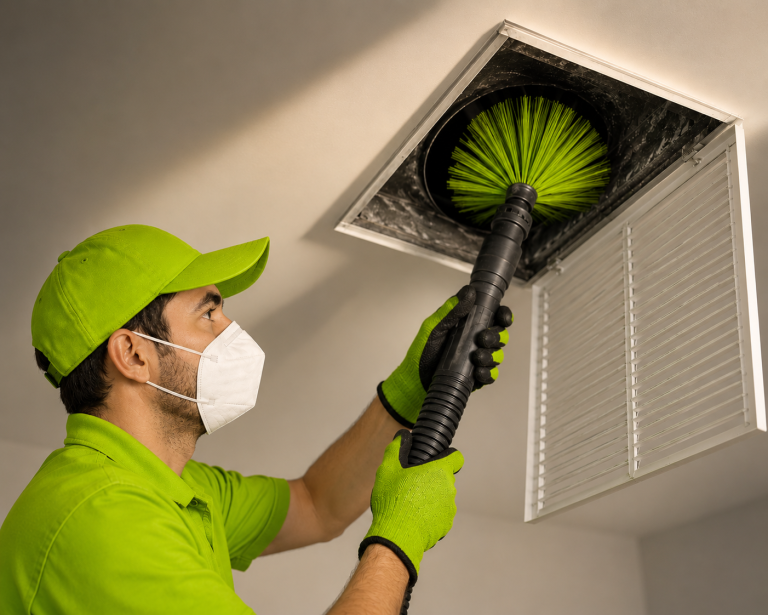 A professional duct cleaning technician uses a specialized rotating brush tool to clean the interior of a residential ceiling air vent.